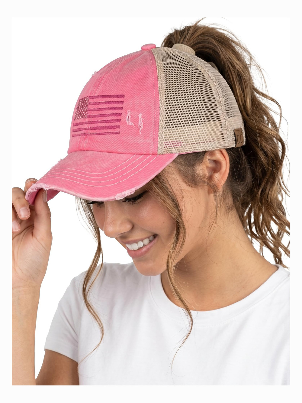 Criss Cross Ponytail Cap, Messy Bun Distressed | American Flag, Pink | Size OS
